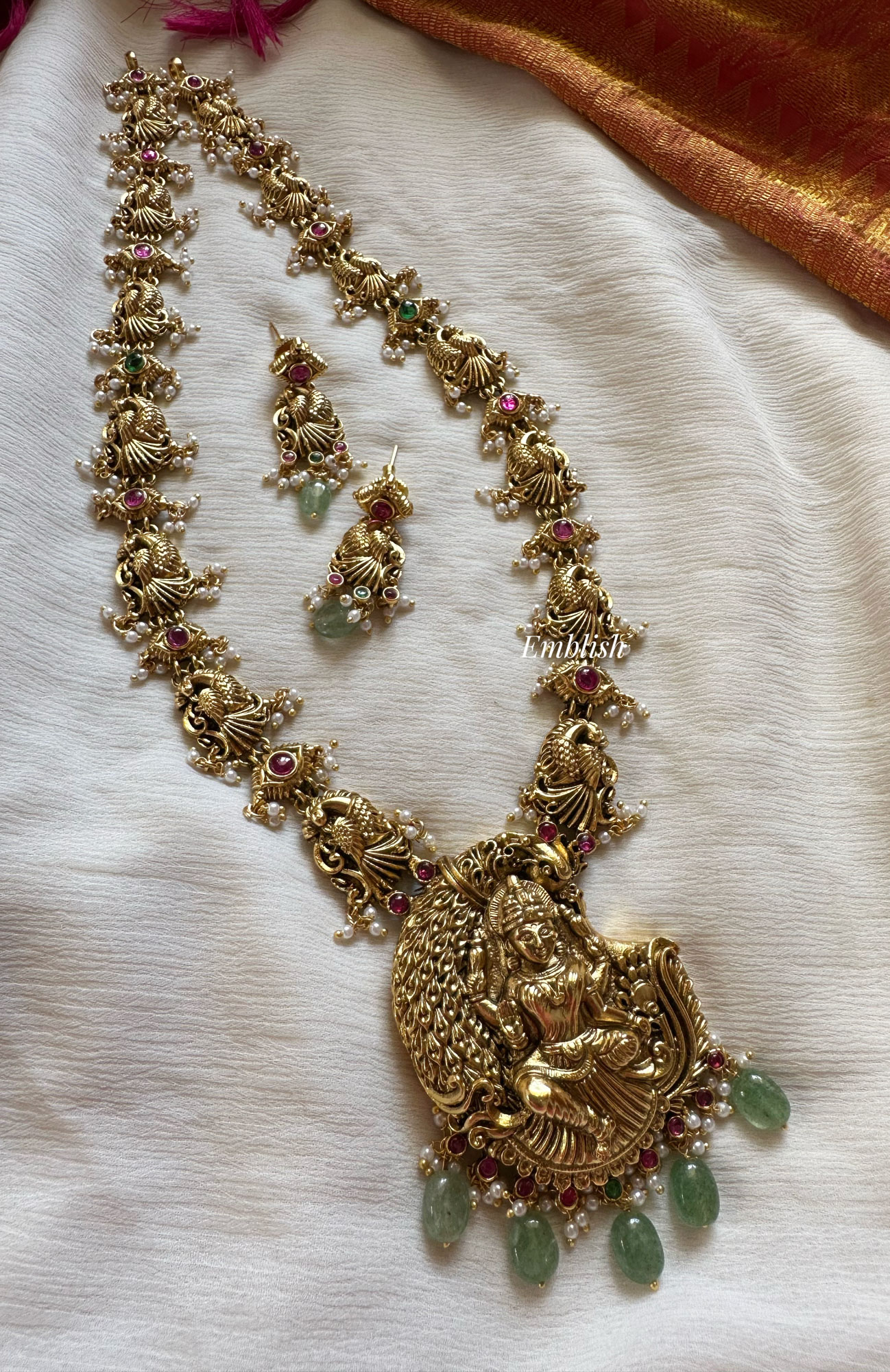 Peacock Lakshmi Pastel bead Pearl Drop Neckpiece